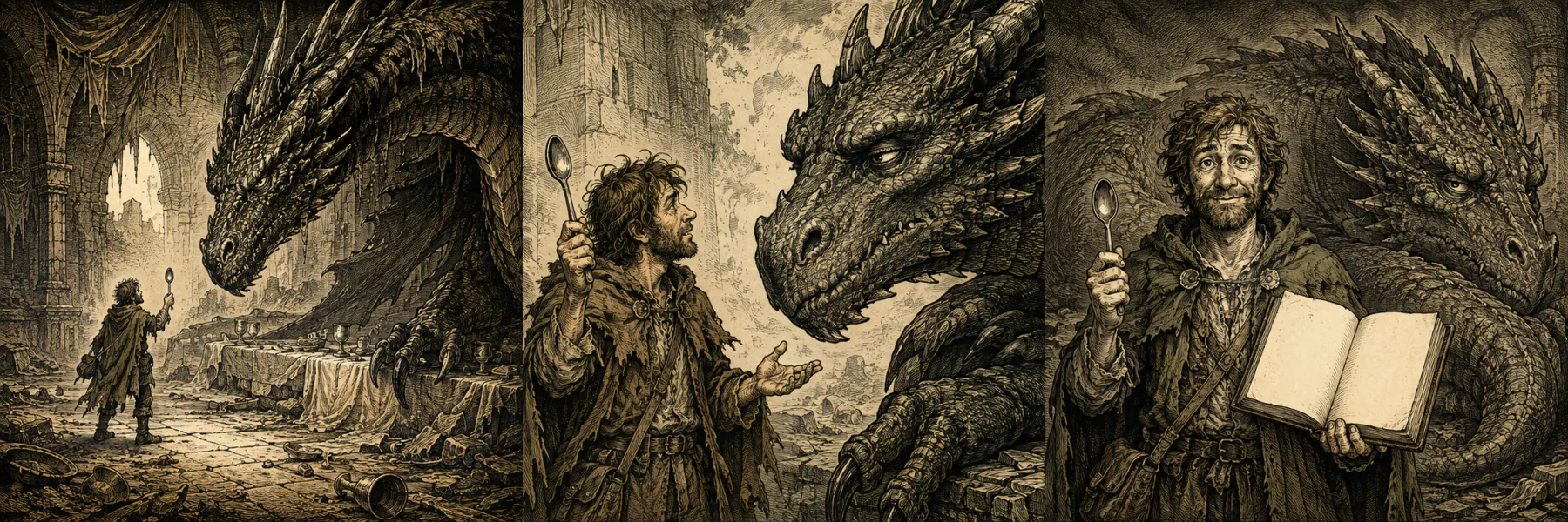 An enormous dragon gathers itself to strike at a tiny adventurer holding an ordinary spoon.